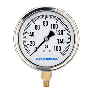 Meaureman 4" Dial Size, Glycerin Filled Plumbing Pressure Gauge, 0-160psi, Stainless Steel Case, 1/4"NPT Lower Mount