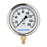 Meaureman 4" Dial Size, Glycerin Filled Plumbing Pressure Gauge, 0-160psi, Stainless Steel Case, 1/4"NPT Lower Mount