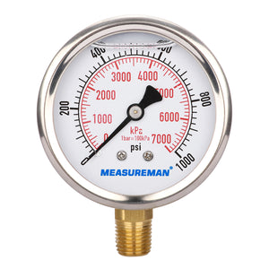Measureman 2-1/2" Dial Size, Liquid Filled Pressure Gauge, 0-1000psi/7000kpa, 304 Stainless Steel Case, 1/4"NPT Lower Mount