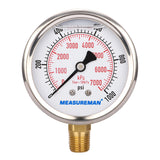 Measureman 2-1/2" Dial Size, Liquid Filled Pressure Gauge, 0-1000psi/7000kpa, 304 Stainless Steel Case, 1/4"NPT Lower Mount