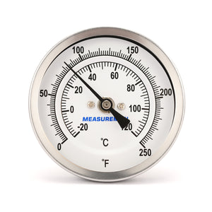 Measureman Fully Stainless Steel Pot, Kettle, Brewing Bimetal Thermometer, 3" Dial, 4" Stem, 0-250 deg F/-20-120 deg C, +/-1% Accuracy, Adjustable, 1/2" NPT Back Mount