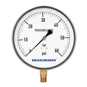 MEASUREMAN 304 Stainless Steel Case,Lead-Free Contractor Pressure Gauge, 0-60Psi, 4-1/2" Dial Size, -1% Accuracy, 1/4" NPT Lower Mount