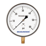 MEASUREMAN 304 Stainless Steel Case,Lead-Free Contractor Pressure Gauge, 0-60Psi, 4-1/2" Dial Size, -1% Accuracy, 1/4" NPT Lower Mount