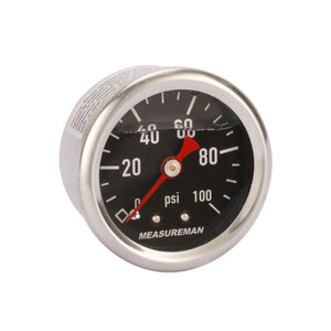 MEASUREMAN 1.5" Black Dial, 304 Stainless Steel case, Liquid Filled Fuel Pressure Gauge, 0-100Psi, -3-2-3%, 1/8" NPT Center Back Mount
