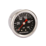 MEASUREMAN 1.5" Black Dial, 304 Stainless Steel case, Liquid Filled Fuel Pressure Gauge, 0-100Psi, -3-2-3%, 1/8" NPT Center Back Mount