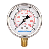 Meaureman Lead-Free Pressure Gauge, 2-1/2" Dial, Glycerin Filled, 0-100psi/kpa, Stainless Steel Case, 1/4"NPT Lower Mount