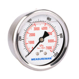 MEASUREMAN 2-1/2" Dial Size, Glycerin Filled Pressure Gauge, 0-1000psi/kpa, 304 Stainless Steel Case, 1/4"NPT Center Back Mount