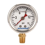 Measureman 1-1/2" Dial Size, Glycerin Filled Fuel Pressure Gauge, 304 Stainless Steel case, 0-15Psi, -3-2-3%, 1/8"NPT Lower Mount