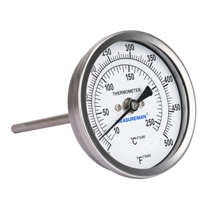 Measureman Fully Stainless Steel Bimetal Dial Thermometer, 3" Dial, 4" Stem, 50-550 deg F/10-260 deg C, +/-1% Accuracy, Adjustable, 1/2" NPT Back Mount