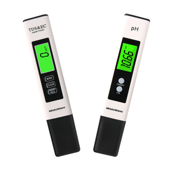 Measureman PH Meter and TDS Meter Combo，0-14 PH Value, 0.01 Resolution TDS Meter, EC Meter & Temperature Meter 3 in 1, Accuracy ± 2%, 32.0-176.0°F Green Backlight Meter