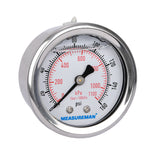 Measureman 2" Dial Size, Glycerin Filled Pressure Gauge, 0-160psi/1100kpa, 304 Stainless Steel Case, 1/4"NPT Back Mount