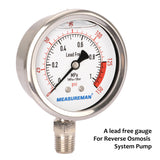 MEASUREMAN Lead Free Glycerin Filled Reverse Osmosis Pressure Gauge, 2-1/2" Dial Size, 1/4"NPT Lower Mount, 0-150psi/Mpa