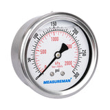 Measureman 2-1/2" Dial Size, Liquid Filled Pressure Gauge, 0-300psi/2000kpa, 304 Stainless Steel Case, 1/4"NPT Back Mount