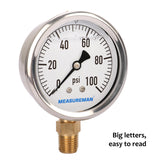 MEASUREMAN 2-1/2" Dial Size, Glycerin Filled Plumbing Pressure Gauge, 0-100psi, Stainless Steel Case, 1/4"NPT Lower Mount