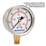 Meaureman Lead-Free Pressure Gauge, 2-1/2" Dial, Glycerin Filled, 0-60psi/kpa, Stainless Steel Case, 1/4"NPT Lower Mount