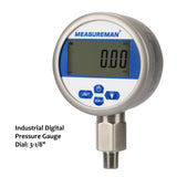Measureman 3-1/8" dial, Digital Hydraulic Industrial Precision Pressure Gauge with 1/4"NPT Lower Mount, Stainless Steel Case and Connection, 0-10000psi/bar, 0.4%,Battery Powered, with LED Light