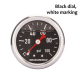 MEASUREMAN 1.5" Black Dial, 304 Stainless Steel case, Liquid Filled Fuel Pressure Gauge, 0-100Psi, -3-2-3%, 1/8" NPT Center Back Mount