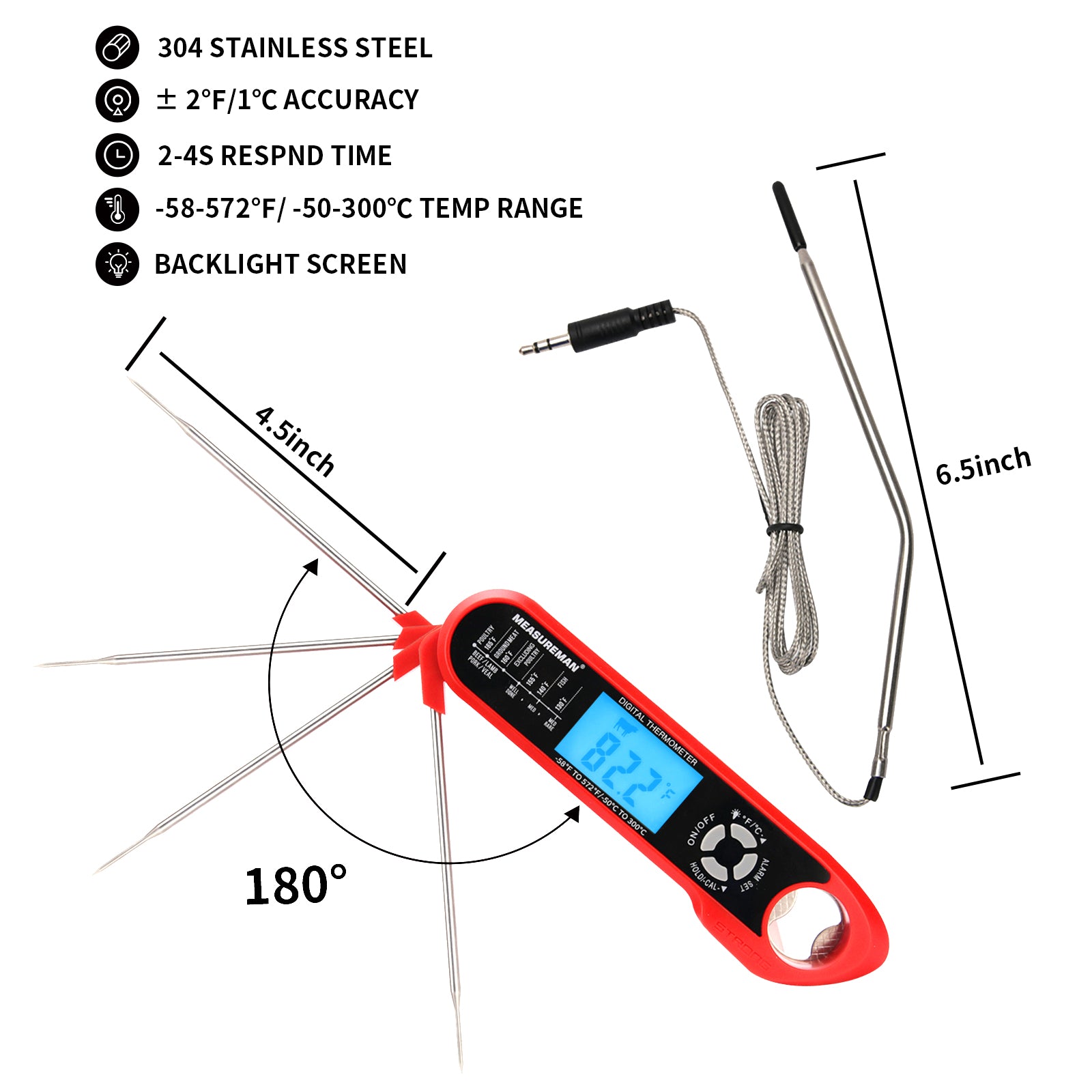 Oven Safe Leave In Meat Thermometer Instant Read, 2 In 1 Dual