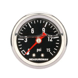 MEASUREMAN 1.5" Black Dial, 304 Stainless Steel case, Liquid Filled Fuel Pressure Gauge, 0-15Psi, 3-2-3%, 1/8" NPT Center Back Mount