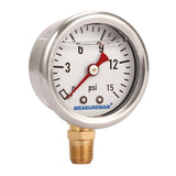 Measureman 1-1/2" Dial Size, Glycerin Filled Fuel Pressure Gauge, 304 Stainless Steel case, 0-15Psi, -3-2-3%, 1/8"NPT Lower Mount