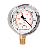Measureman Vacuum Gauge, Glycerin Filled, 2-1/2" Dial Size, 1/4"NPT Lower Mount, -30"Hg/-100kpa-0  50pcs