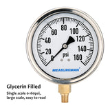 Meaureman 4" Dial Size, Glycerin Filled Plumbing Pressure Gauge, 0-160psi, Stainless Steel Case, 1/4"NPT Lower Mount