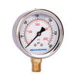 Measureman 2-1/2" Dial Size, Glycerin Filled Pressure Gauge, 0-300psi/kpa, 304 Stainless Steel Case, 1/4"NPT Lower Mount