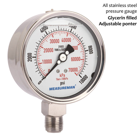 Measureman Fully Stainless Steel Hydraulic Glycerin Filled Pressure Gauge, 4