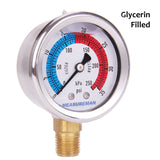 Measureman 2" Dial Size, Glycerin Filled Pool Filter Pressure Gauge, 304 Stainless Steel Case, 0-35psi/250kpa, 1/4" NPT Lower Mount