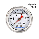 MEASUREMAN 1-1/2" Dial Size, Glycerin Filled Fuel Pressure Gauge, 304 Stainless Steel case, 0-15Psi, 3-2-3%, 1/8"NPT Rear Mount -100pcs