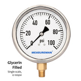 Meaureman 4" Dial Size, Glycerin Filled Plumbing Pressure Gauge, 0-100psi, Stainless Steel Case, 1/4"NPT Lower Mount