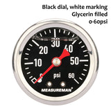 MEASUREMAN Fuel Pressure Gauge 0-60psi 1.5" Dial, 1/8"NPT Back, Stainless Steel Case, Brass Inside, Glycerin Filled, Black Dial