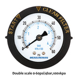 Measureman 2" Dry and Utility Pressure Gauge, Start and Clean Filter Pressure Gauge, Swimming Pool Filter Pressure Gauge, Spa, Aquarium, Water Pressure Gauge, 1/4"NPT Center Back Mount 0-60Psi/bar