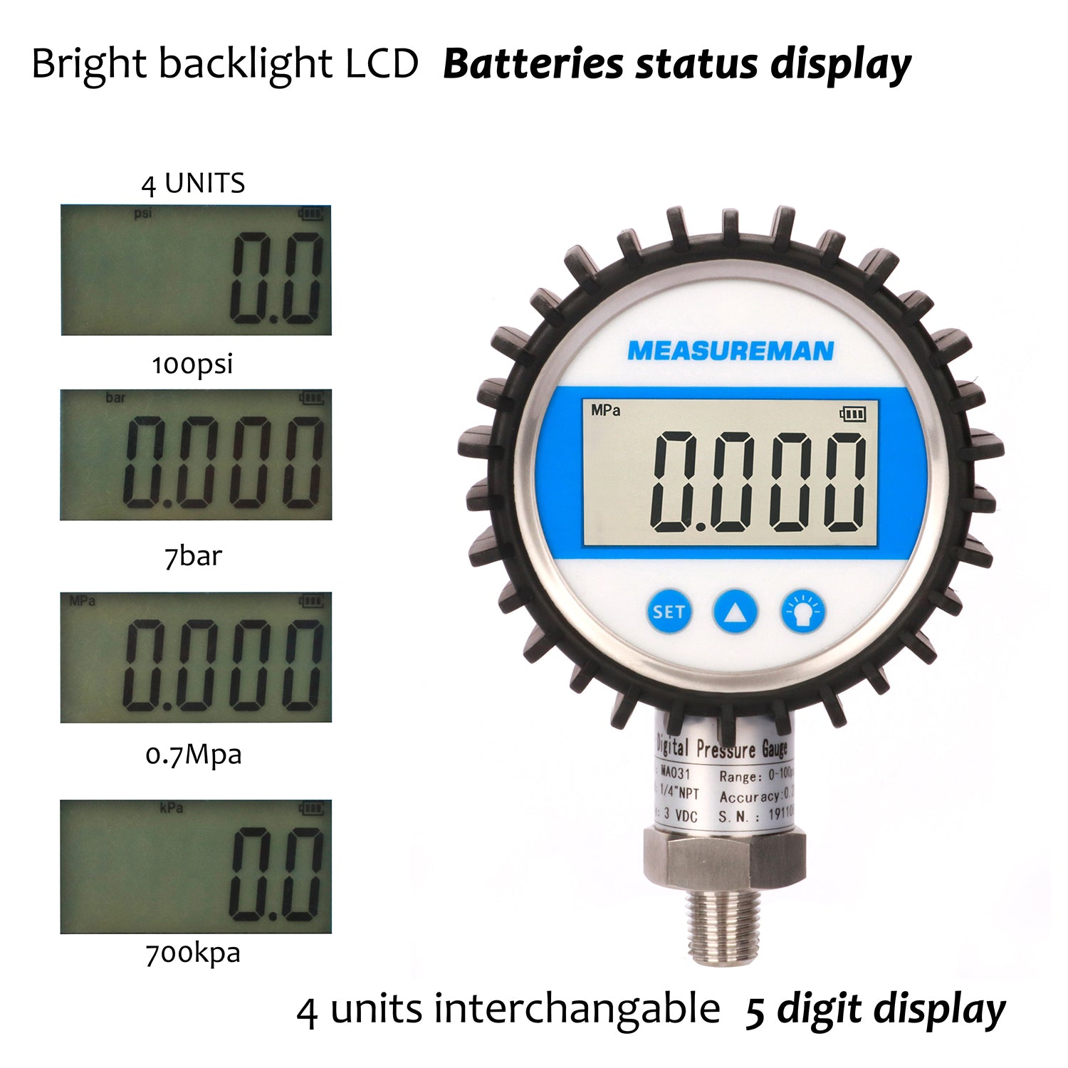 Manómetro digital manómetro, 3.150 in 0.5% FS pantalla de 4 dígitos  0-100mpa 5 unidades Mpa, kpa, psi, bar, kg/cm2 (color : BSP1-2, tamaño:  0-0.1Mpa)