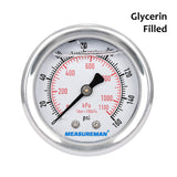 Measureman 2" Dial Size, Glycerin Filled Pressure Gauge, 0-160psi/1100kpa, 304 Stainless Steel Case, 1/4"NPT Back Mount