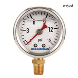 Measureman 1-1/2" Dial Size, Glycerin Filled Fuel Pressure Gauge, 304 Stainless Steel case, 0-15Psi, -3-2-3%, 1/8"NPT Lower Mount