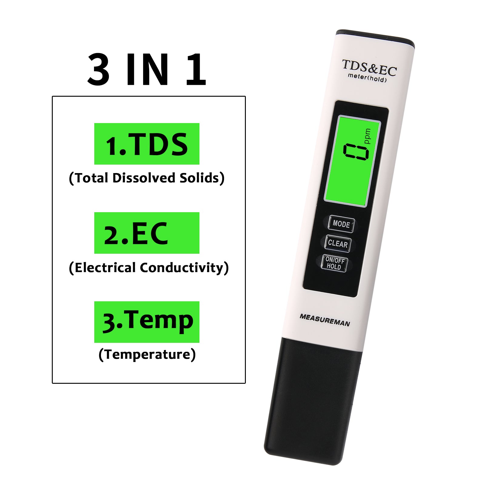 Measureman 0-9999ppm, 0-9999µs/cm TDS Meter, EC Meter & Temperature Me –  Measureman Direct