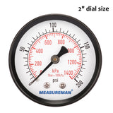 Measureman Economic Dry Pressure Gauge Air Compressor Pressure Gauge, 2" Dial Size, 1/4"NPT Center Back Mount, 0-200psi/kpa