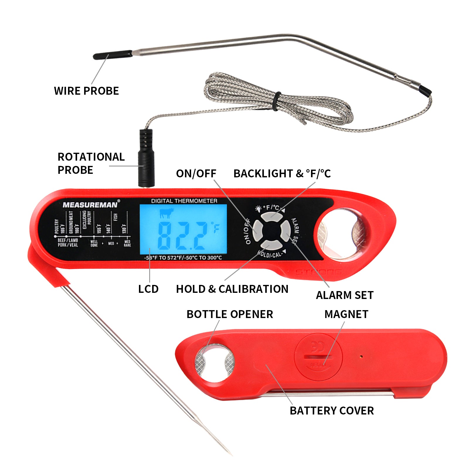 Meat Thermometer Digital for Cooking and Grilling, Collapsible Probe, with  Magnet, Calibration, Backlight Waterproof Food Thermometer, Instant Read