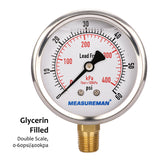 Meaureman Lead-Free Pressure Gauge, 2-1/2" Dial, Glycerin Filled, 0-60psi/kpa, Stainless Steel Case, 1/4"NPT Lower Mount
