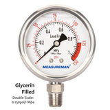 MEASUREMAN Lead Free Glycerin Filled Reverse Osmosis Pressure Gauge, 2-1/2" Dial Size, 1/4"NPT Lower Mount, 0-150psi/Mpa