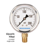 MEASUREMAN 2-1/2" Dial Size, Glycerin Filled Plumbing Pressure Gauge, 0-200psi, Stainless Steel Case, 1/4"NPT Lower Mount