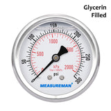 Measureman 2-1/2" Dial Size, Liquid Filled Pressure Gauge, 0-300psi/2000kpa, 304 Stainless Steel Case, 1/4"NPT Back Mount