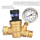 Measureman Handle Adjustable Lead-Free Brass RV Pressure Regulator, Pressure Reducer With Liquid Filled Pressure Gauge 160psi and Inlet Screened Filter For Camper, Trailer, RV, Garden, Plumbing System