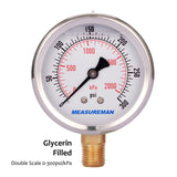 Measureman 2-1/2" Dial Size, Glycerin Filled Pressure Gauge, 0-300psi/kpa, 304 Stainless Steel Case, 1/4"NPT Lower Mount