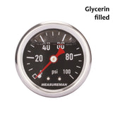MEASUREMAN 1.5" Black Dial, 304 Stainless Steel case, Liquid Filled Fuel Pressure Gauge, 0-100Psi, -3-2-3%, 1/8" NPT Center Back Mount