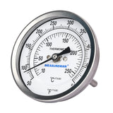 Measureman Fully Stainless Steel Bimetal Dial Thermometer, 3" Dial, 2-1/2" Stem, 50-550 deg F/10-260 deg C, +/-1% Accuracy, Adjustable, 1/2" NPT Back Mount