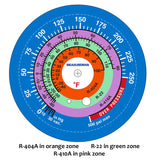 Measureman Refrigeration Pressure Gauge, 2-3/4" Dial, Blue Dial, 1/8" NPT Lower Mount, 30inHg-0-250psi, 250-500psi Retarded Range, R-404A, R-22, R-410A, Degree F, Adjustable Pointer