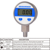 Measureman 2-1/2" dial, Digital Industrial Pressure Gauge with 1/4"NPT lower mount, stainless steel case and connection, 0-300psi/bar, 1%,Battery Powered, With LED light