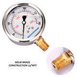 Measureman 2-1/2" Dial Size, Glycerin Filled Pressure Gauge, 0-300psi/kpa, 304 Stainless Steel Case, 1/4"NPT Lower Mount